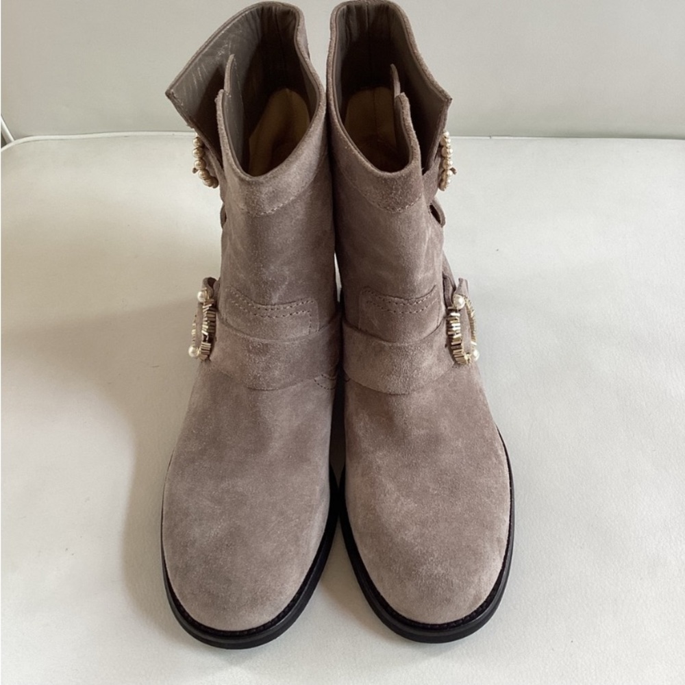 Jimmy Choo Suede Opal Grey Mid-Calf Moto Boots faux peal Multistrap Closure 7 - Picture 5 of 7